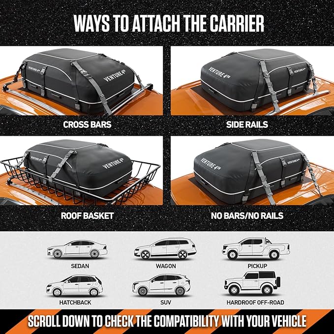 VENTURE 4TH Car Rooftop Cargo Carrier – 21 Cubic Feet Soft-Shell Waterproof Roof Bag with 10 Heavy-Duty Compression & Tie-Down Straps, Anti-Slip Mat & Door Hooks – Fits Cars with or Without Roof Rack