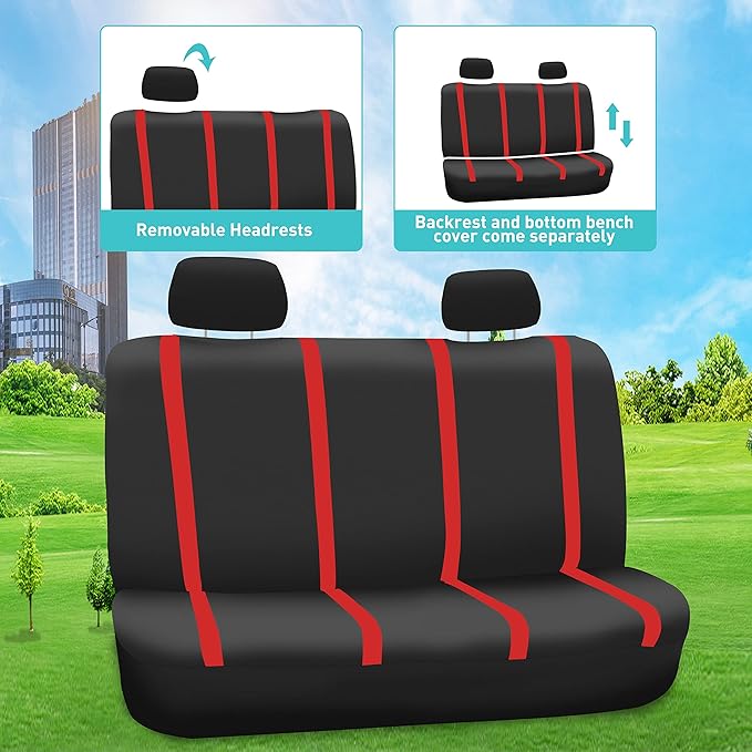 FH Group Unique Flat Cloth Full Set Car Seat Covers w. Silicone Steering Wheel Cover- Universal Fit for Most Cars, Trucks, SUVs or Vans (Red/Black)