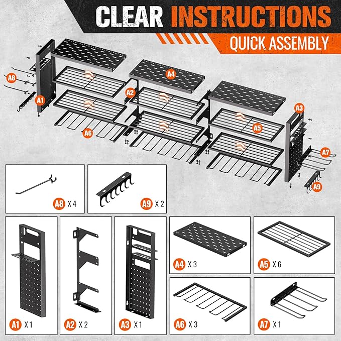 49.8" W Large Power Tool Organizer Wall Mount, Heavy Duty Tool Organizer with 14 cordless Drill Holder, 4 Layers Garage Organ