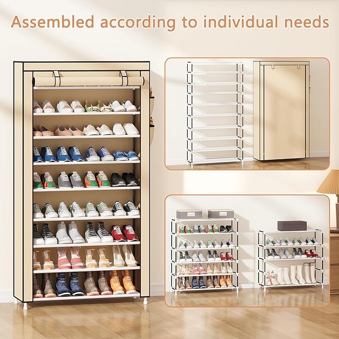 Laiensia 9-Tier Shoe Rack ，Space Saving Shoe Storage Organizer Non-Woven Cover Shoe Shelf Holds 36-45 Pairs for Bedroom, Hall