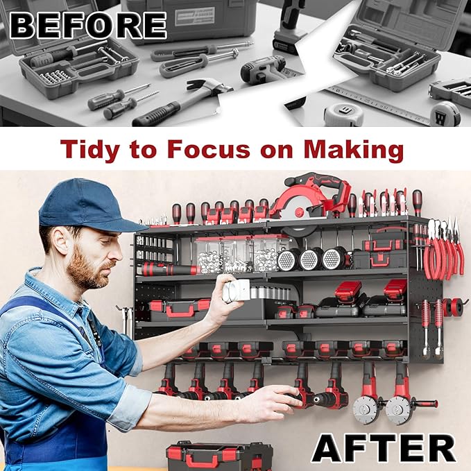 4 Tier Power Tool Organizer Wall Mount, 8 Cordless Drill Holders, 320LBS Heavy Duty Power Tool Storage Rack, Holds 50+ Tools 