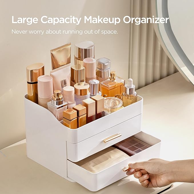 HBlife Makeup Organizer for Vanity with 2 Drawers, Large Bathroom Countertop Cosmetics Organizer Skin Care Storage, Easy to S