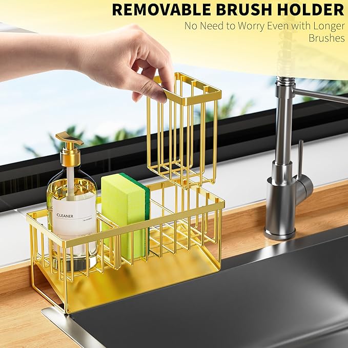 Cisily Gold Kitchen Sink Caddy Organzier with High Brush Holder, Sponge Holder for Sink, 304 Rustproof Stainless, Kitchen Cou
