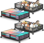 Under Bed Storage With Wheels, 4 Pack Foldable Pattern Carved Metal Under Bed Storage Containers, 60L Rolling Underbed Storag