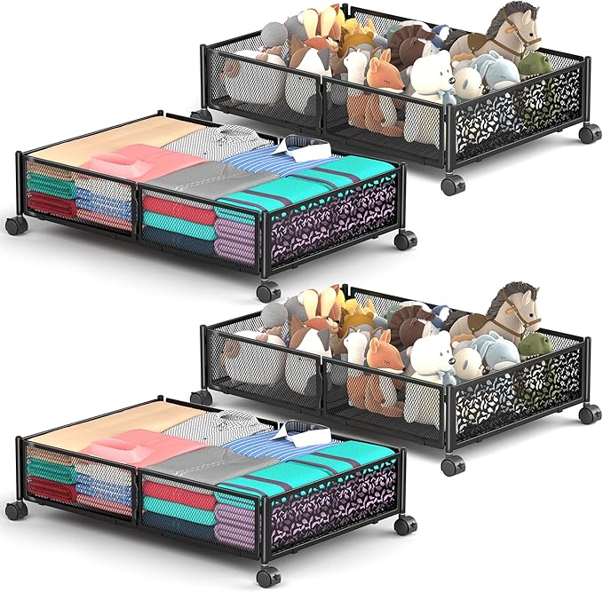 Under Bed Storage With Wheels, 4 Pack Foldable Pattern Carved Metal Under Bed Storage Containers, 60L Rolling Underbed Storag