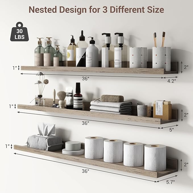 Axeman 36 Inch Floating Shelves | Grey Picture Ledge Shelf Set of 3 | Rustic Grey Wood Wall Shelves with Lip | 36" Picture Sh