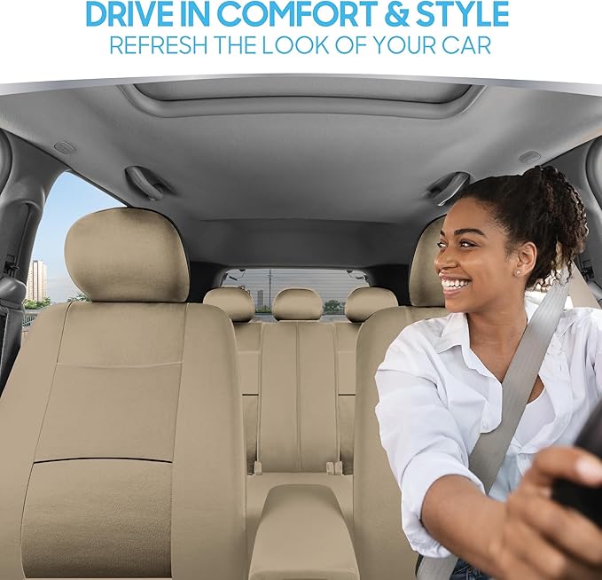 BDK OS-309-AB Tan Trim Black Car Seat Covers Full 9 Piece Set, Sleek & Stylish, Split Option Bench 5 Headrests Front & Rear B