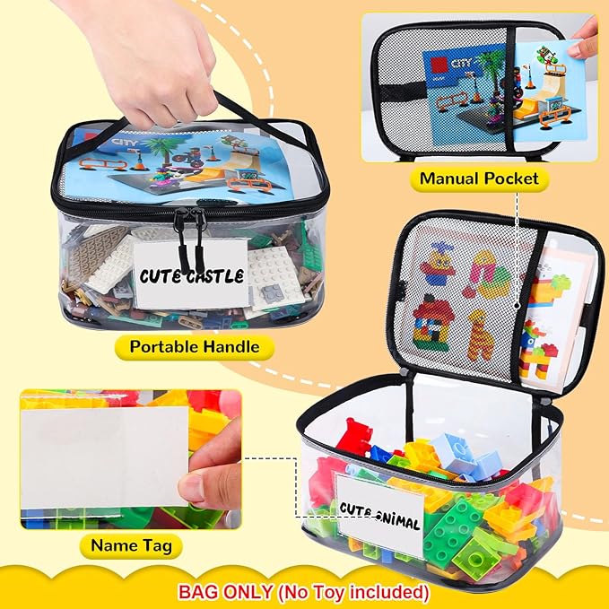 Tesuko 6 Pack Clear Toy Storage Bag with Name Tag& Manual Pocket, Waterproof Transparent PVC Toy Organizer Case for Lego Bric