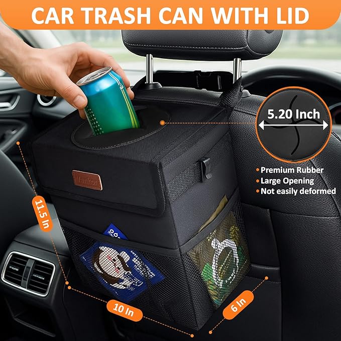 3 Gallons Car Trash Can with Lid, Bag Bin Hanging Waterproof Automotive Car Garbage Cans Leak Proof Vehicle Trash Can Black