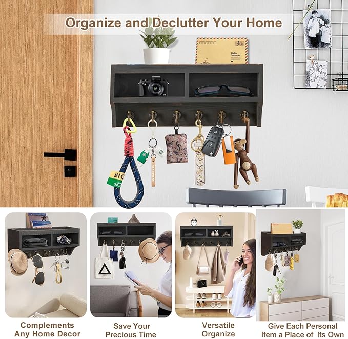 Key Holder Wall Mount - Mail Organizer Wall Mount with 6 Key Hooks and Storage Box for Sunglasses Storage and Dog Leash Holde