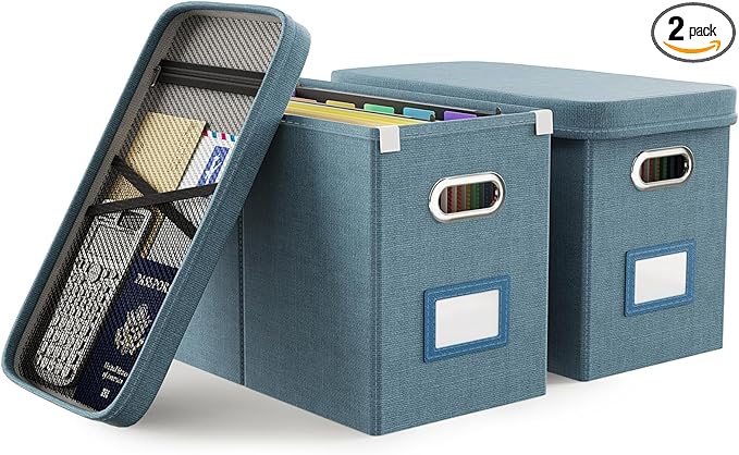 Oterri File Organizer with Lid, Hanging Filing Box with Mesh Pocket, Document Organizer for Letter Files, Portable Storage Bo