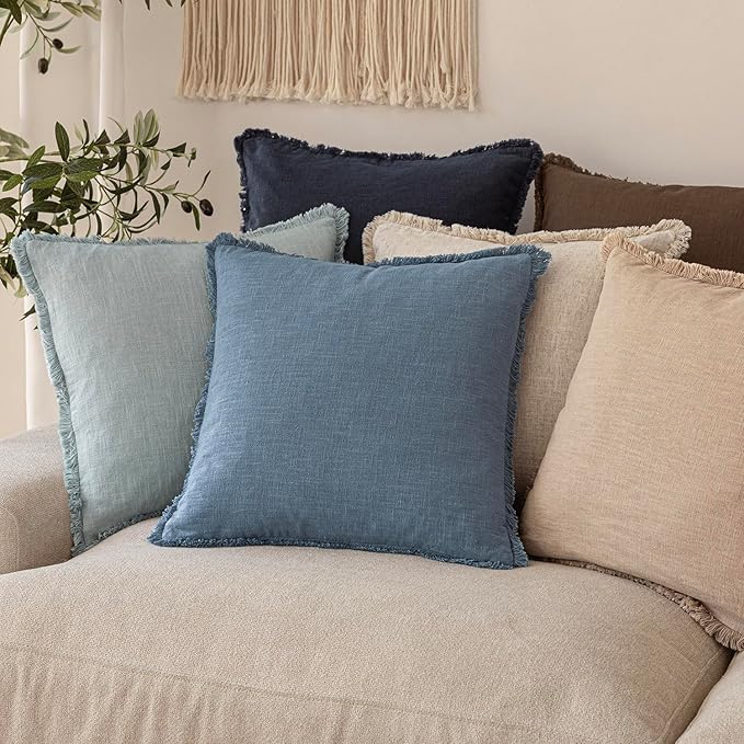Foindtower Set of 2 Decorative Linen Fringe Throw Pillow Covers Cozy Boho Farmhouse Cushion Cover with Tassels Soft Accent Pi