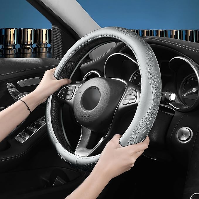 Red Rain Gray Cowhide Steering Wheel Covers Genuine Leather Car Steering Wheel Cover Universal 15inch / Size M Wheel Cover for Car SUV Truck (C-Gray-M)