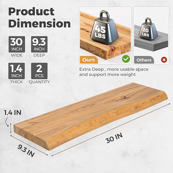 RICHFOCUS Live Edge Elm Floating Shelves - 30" W x 9.3" D Rustic Solid Wood Wall Shelves with Invisible Bracket, Wall-Mounted