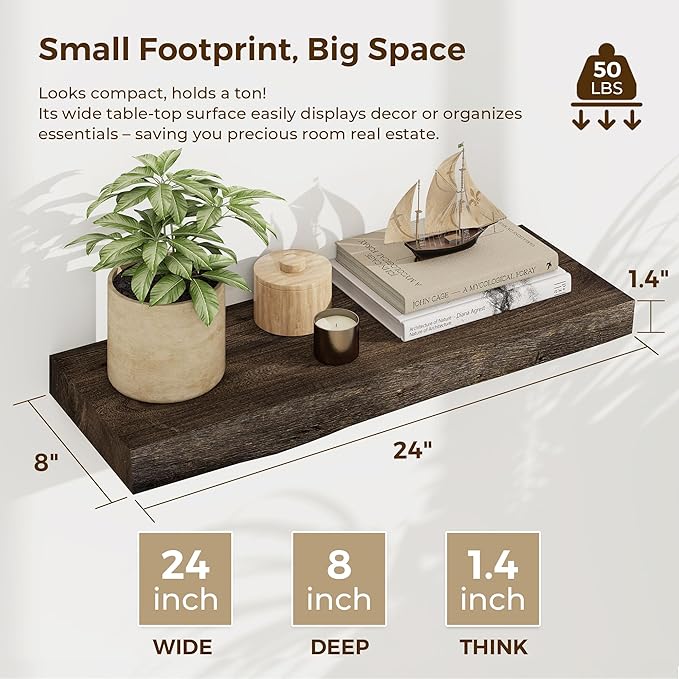 Dreamland 24 Inch Floating Shelves, Rustic Elm Wood Live Edge Wall Shelf for Home Decor, 8 Inch Deep Floating Shelf for Wall,