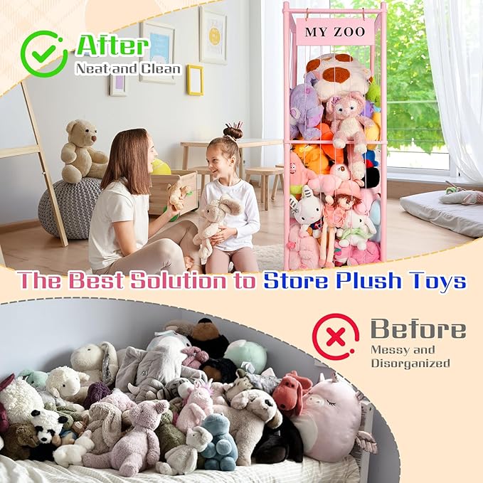 GLDZI Stuffed Animal Storage Zoo, Wooden Stuffed Animal Organizer with Elastic Cords for Boys Girls, Space Saving Toy Plushie