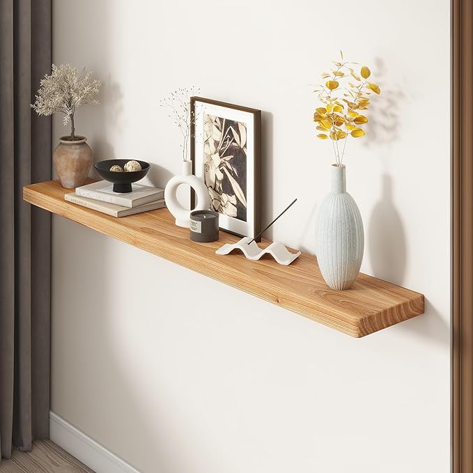 Fun Memories 55 Inch Wood Floating Shelves, Natural Elm Wood Floating Shelf for Wall, 8 Inch Deep Wall Shelves for Home Stora