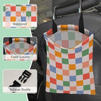 70s Checkered Car Garbage Bag,Retro Grid Waterproof Small Car Trash Bag Hanging Back of Seat,Drawstring Hanging Car Trash Bag with Adjustable Buckle for Car Accessories