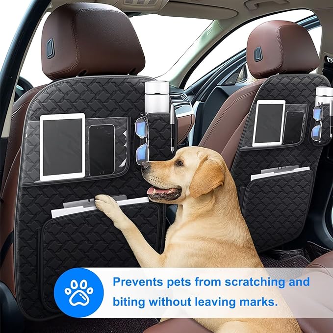 Back Seat Protector 2 Pack Fit For Cadillac Catera Car Kick Mats with Touch Screen Tablet Holder Storage Organizer Waterproof Dirt Proof Faux Leather Auto Accessories for Kids (1 Pair Black)