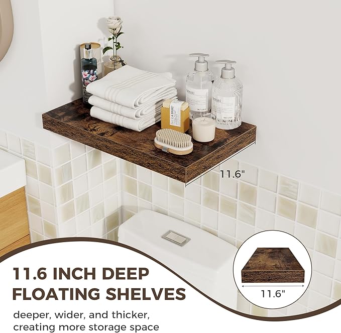 Fun Memories 12 Inch Deep Floating Shelves for Wall, 20 Inch Long Wall Mounted Storage Shelf, 3 Pack Hanging Wood Shelf for F