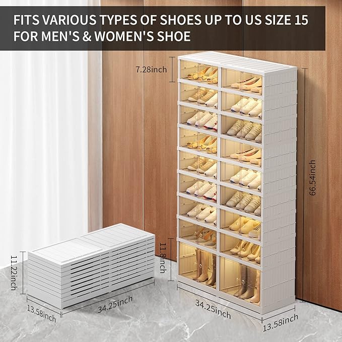 CIMLORD 9-Tier Foldable Shoe Rack Organizer for Closet,36Pairs Collapsible Plastic Shoe Shelf,Large Shoes Cabinet with Door,C
