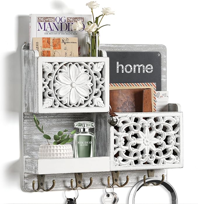 Mail Organizer Wall Mounted, 2 Slots Key Holder for Wall with 8 Hooks, Rustic Wood Key Rack with Shelf for Entryway Hallwall 