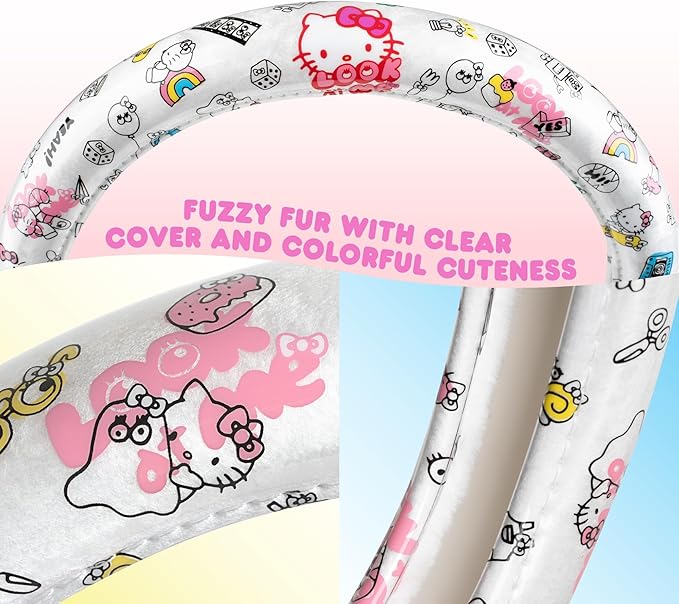 Hello Kitty Steering Wheel Cover, Official Sanrio Car Steering Wheel Cover with Universal Size 14.5-15, Cute White Hello Kitty Car Accessories for Women (Hello Kitty Look at Me)