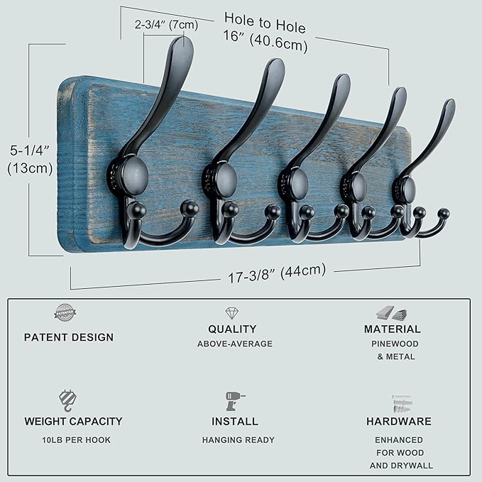 Dseap Coat Rack Wall Mount - Heavy-Duty Robust Barnwood-Style Wooden Wall Coat Hanger Hook Rail with 5 Triple Hooks for Winte
