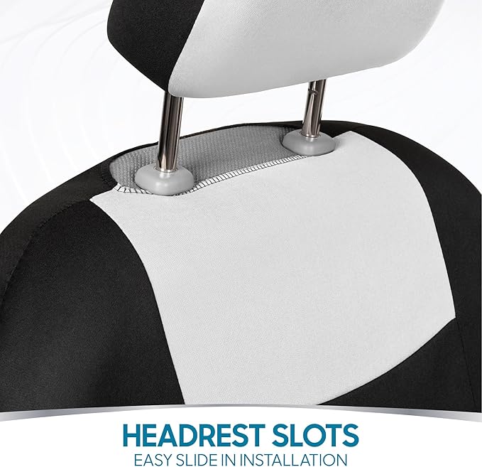 BDK PolyPro Car Seat Covers Full Set in White on Black, Front and Rear Split Bench Seat Covers for Cars, Easy to Install Car 