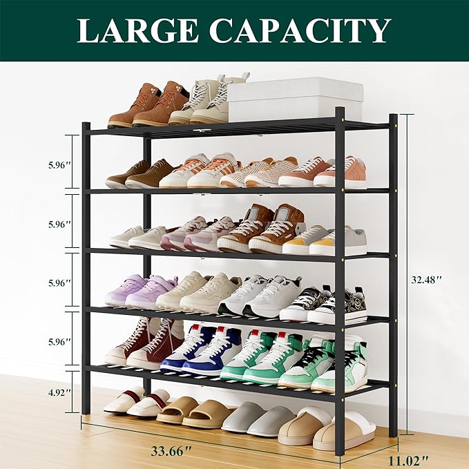 Smiry Shoe Rack, 5 Tier Long Bamboo Shoe Organizer, Stackable Free Standing Wooden Shoe Storage Shelf for Closet, Entryway, F