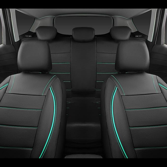 CAR PASS Universal FIT Piping Leather Car Seat Cover, for suvs,Van,Trucks,Airbag Compatible,Inside Zipper Design and Reserved Opening Holes (Full Set, Black and Mint)