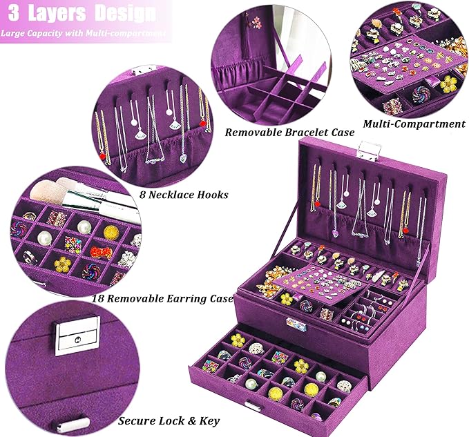 QBestry 3-Layer Jewelry Box for Women with Lock and Key & Drawer, Large Jewelry Organizer with 8 Necklace Hooks & 56 Earring 