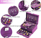 QBestry 3-Layer Jewelry Box for Women with Lock and Key & Drawer, Large Jewelry Organizer with 8 Necklace Hooks & 56 Earring 
