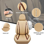 CAR PASS Beige Leather Car Seat Covers, Breathable Waterproof Nappa Automotive Seat Covers Full Set, Anti-Slip Driver Seat Cu