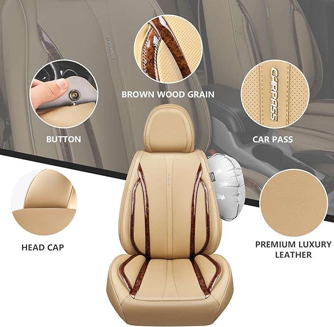 CAR PASS Beige Leather Car Seat Covers, Breathable Waterproof Nappa Automotive Seat Covers Full Set, Anti-Slip Driver Seat Cu