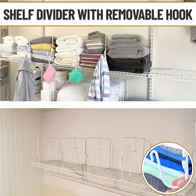 Evelots Wire Shelf Dividers - Extra Closet Organization and Storage for Home or Office -4 Pack- New Removable Hooks - Tall Sh