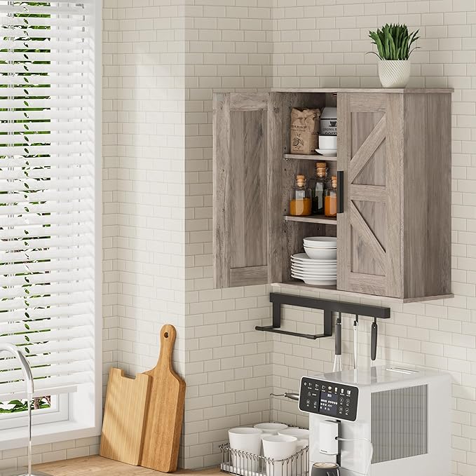 Homleke Bathroom Wall Cabinet, Over Toilet Storage Cabinet with Barn Doors and Adjustable Shelves, 3-Tier Medicine Cabinet Wa