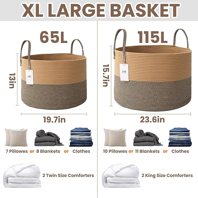 JMvicyroam 115L Extra Large Blanket Basket for Living Room - Woven Cotton Rope Laundry Hamper with Reinforced Handles - Stora