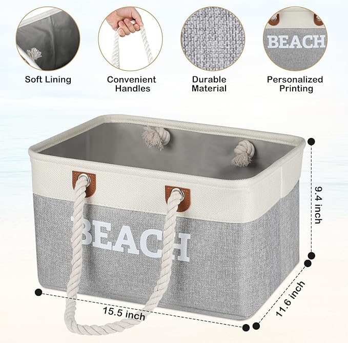 Lukeline Beach Towel Storage Bin and Organizer, Beach Bag Collapsible Storage Basket for Organizing, Large Storage Box with R