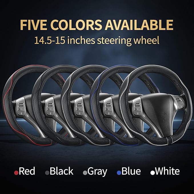 Leather Car Steering Wheel Cover,Anti-Slip, Safety,Soft,Breathable,Heavy Duty,Thick,Full Surround, Sports Style,Universal Car