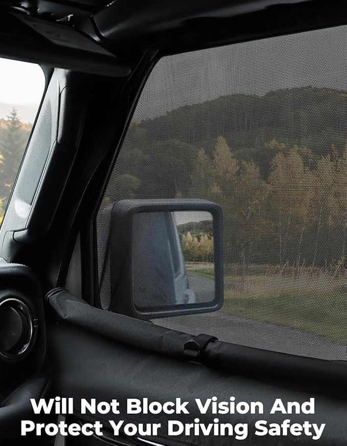 JOYTUTUS Front Wrangler Side Window Sun Shade Camping Window Insect Screen Compatible with Wrangler JK JL Gladiator JT 2007-2026, Car Window Covers for Privacy Blackout 2 Pcs