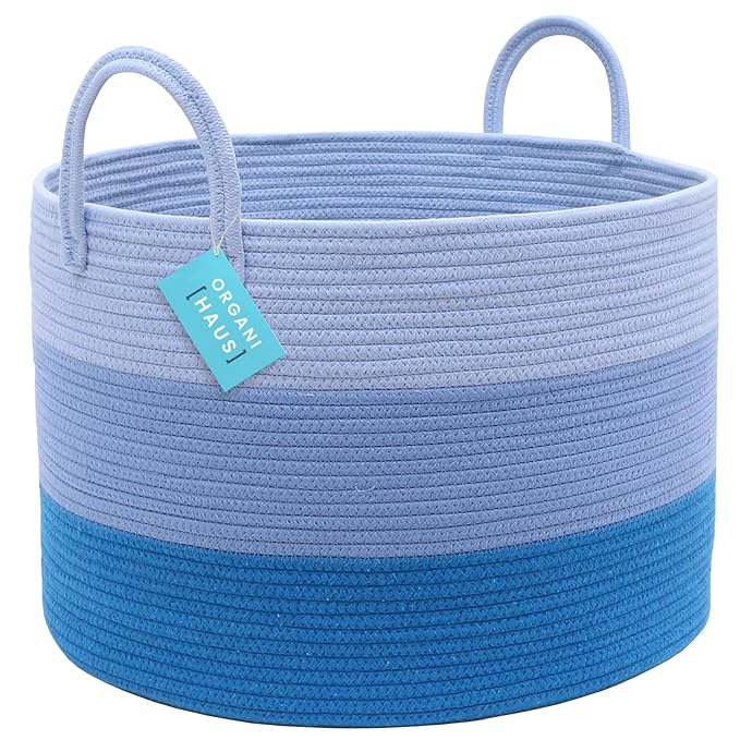OrganiHaus Large Woven Storage Basket for Blankets and Toys 20" x 13" Inch, Rope Laundry Basket with Handles, Cushions & Pill