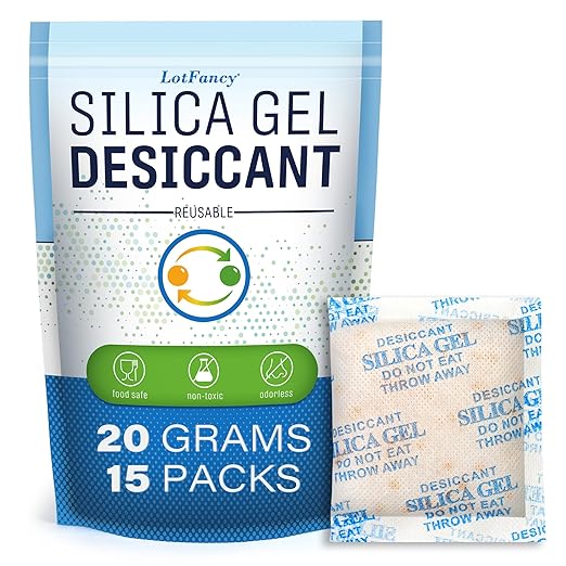 LotFancy Silica Gel Packets 20 Gram 15 Pack, Color Indicating Rechargeable Desiccant Packs, Moisture Absorber for Gun Safe, E