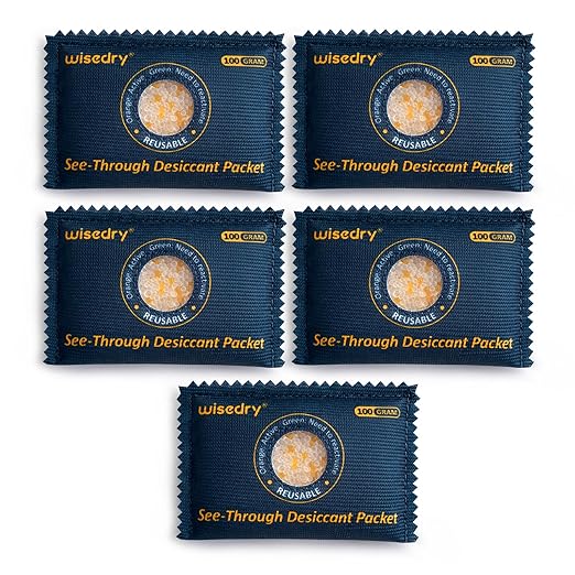 wisedry 100g [5 Packs] See-Through Desiccant Packs for Storage, Reusable Color Indicating Silica Gel Desiccant Packets, Moist