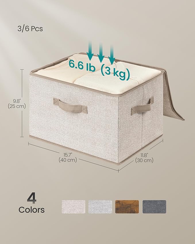 SONGMICS Foldable Storage Organizer Boxes, Set of 3 Storage Basket Bins with Lids, Handles, Clothes Organizer, 15.7 x 11.8 x 