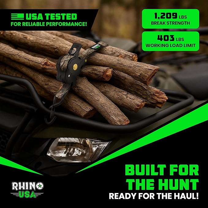 Rhino USA x Realtree Retractable Ratchet Straps (4PK) 1"x 9' (1,209lb Break Strength)- Heavy Duty Auto Self Retracting Tie Down Straps for Truck, Cargo Trailer, Motorcycle, ATV, UTV- Realtree APX Camo