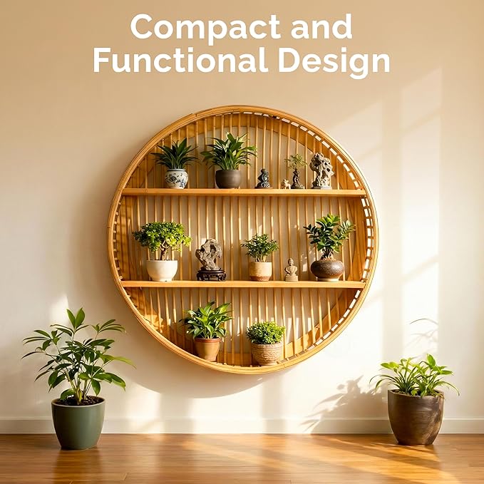 Vintiquewise Round Bamboo Wall Shelf with 2 Wooden Tiers – Natural Hanging Wall Decor and Floating Display Rack Accent for Mo