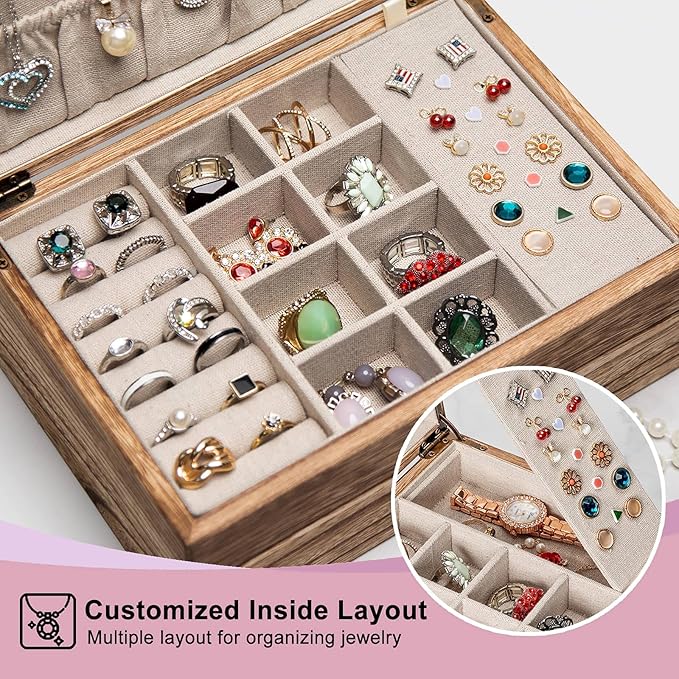 Pinzoveco Jewelry Box for Women, Rustic Wooden Jewelry Organizer Box for Storage Earrings Rings Necklace Bracelet, Farmhouse 