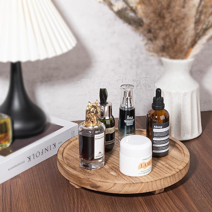 Round Decorative Tray Wood Bathroom Counter Organizer Farmhouse Kitchen Decor Wooden Riser for Soap Dish, Perfume, Candle, Sp