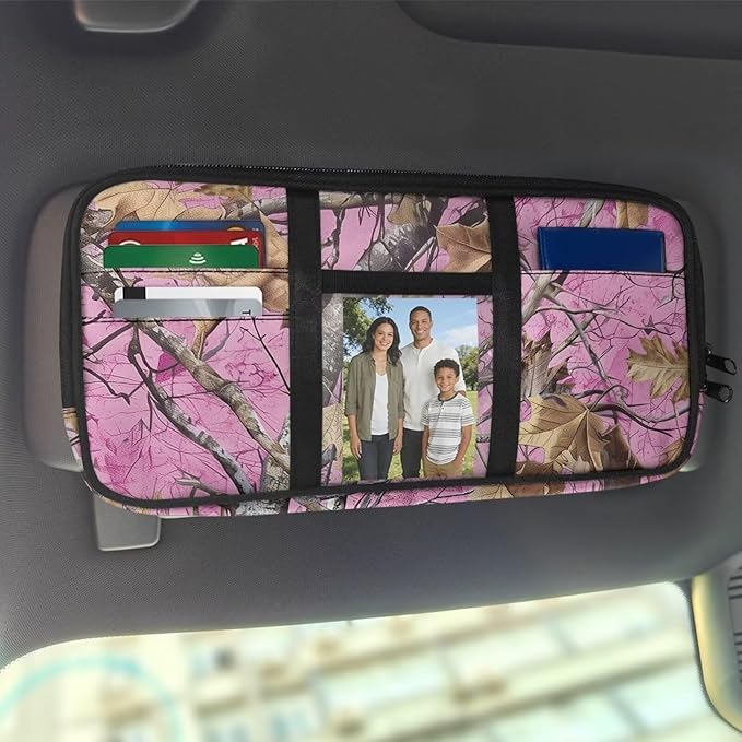 Camo Hunting Pink Car Sun Visor Organizer Personalized Car Visor Organizer with Big Zipper Pocket Card Holder Suitable for Cars SUV Keep Tidy